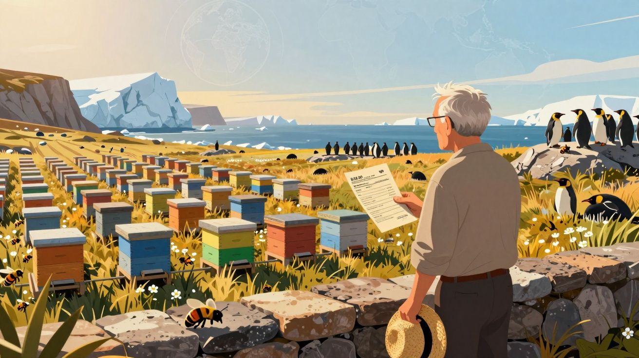 Homem observa colmeias coloridas ao ar livre com pinguins e paisagem ártica ao fundo.