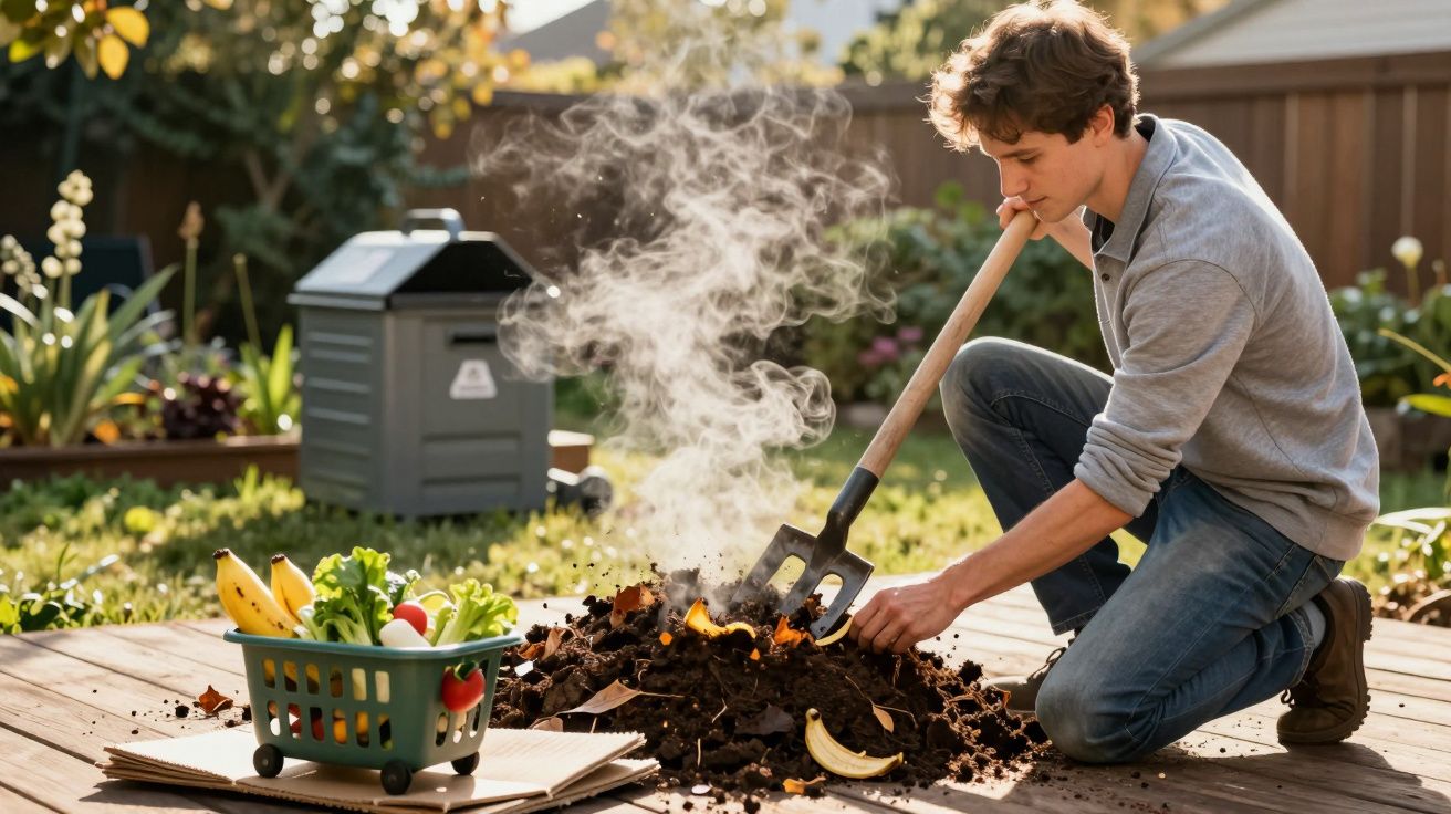 Jovem a arar terra com ancinho numa horta enquanto queimam folhas secas e há legumes numa cesta.
