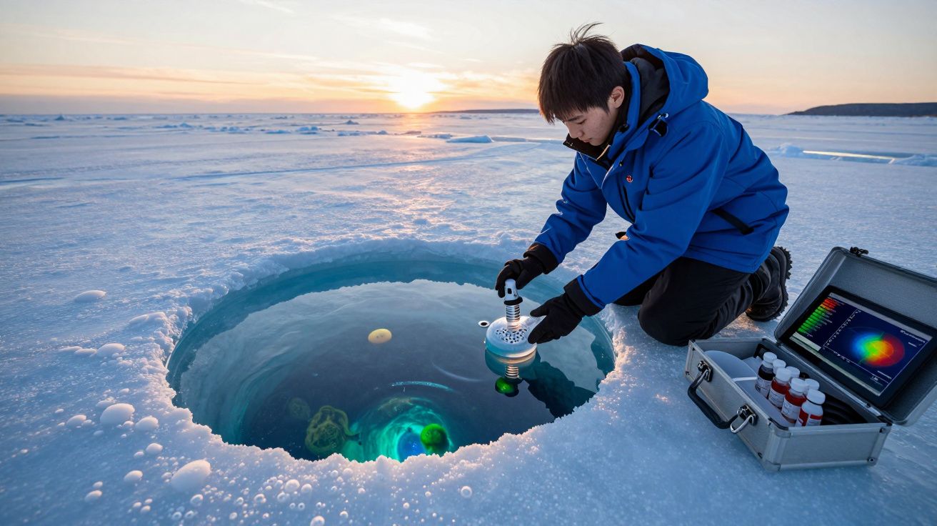 Cientista a recolher amostras num buraco no gelo à beira de um lago congelado ao pôr do sol.