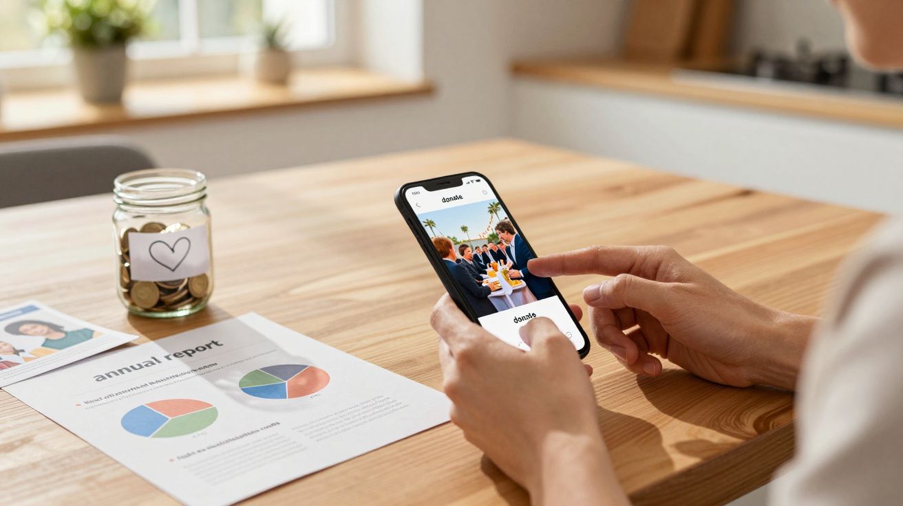 Pessoa segurando telemóvel com imagem de evento social, ao lado de frasco com moedas e relatório financeiro numa mesa de made