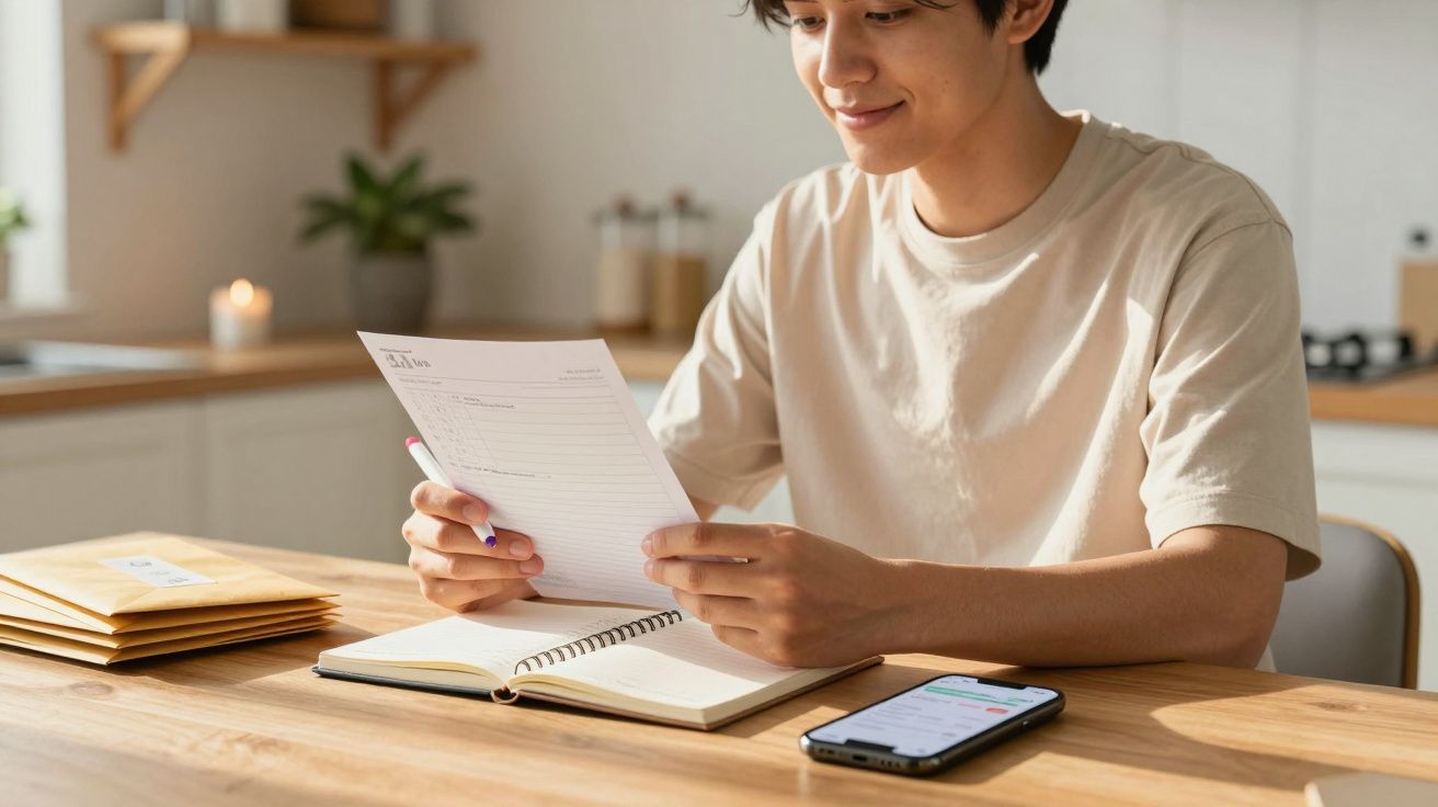 Pessoa jovem sentada à mesa, a ler um documento com agenda e telemóvel à frente.