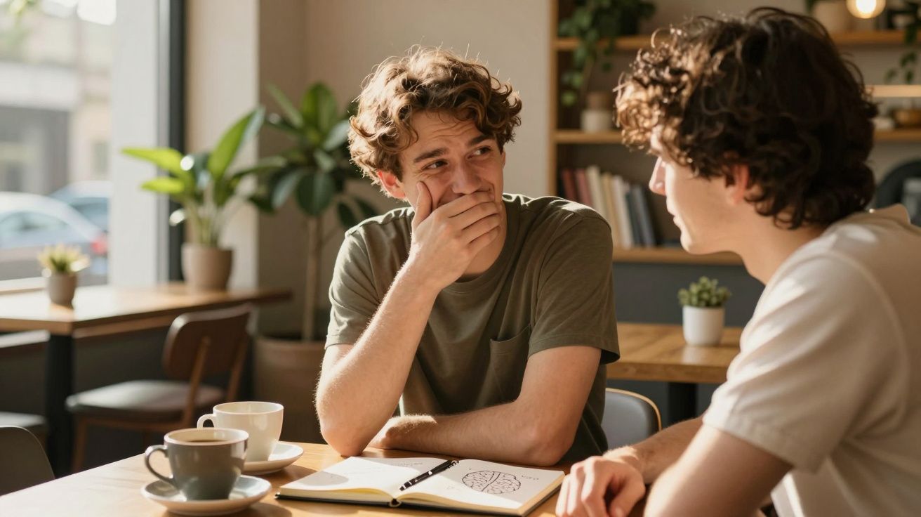 Dois jovens sentados a conversar numa mesa com cadernos e chávenas de café, em ambiente acolhedor.