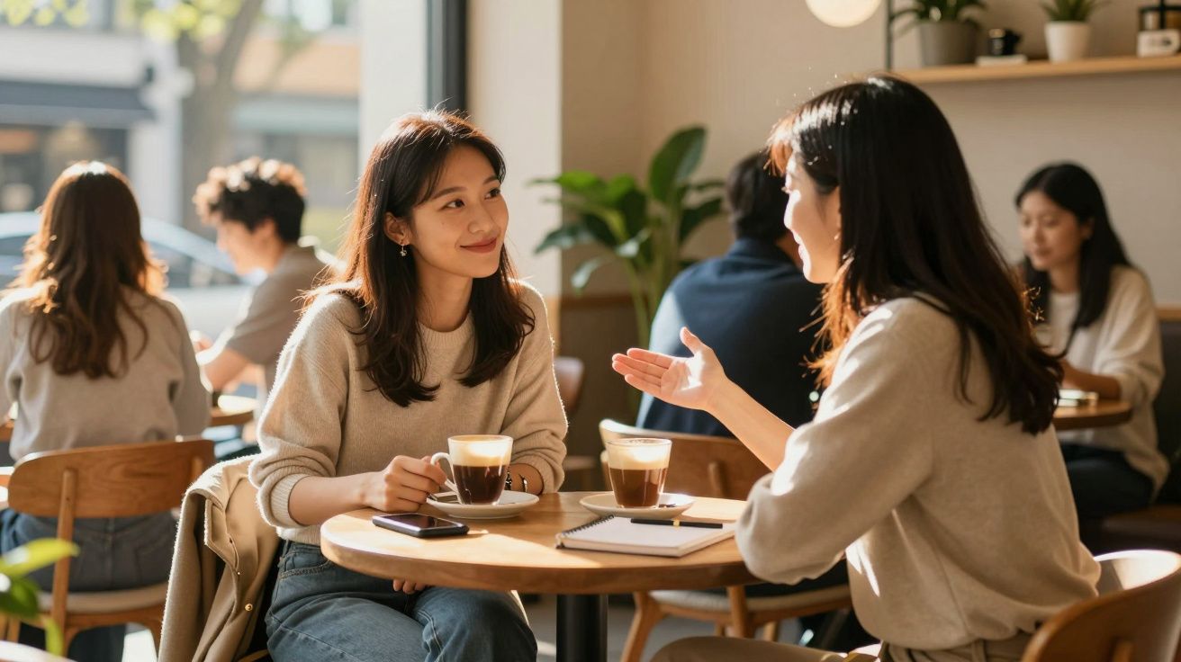 Duas mulheres conversam animadamente numa cafetaria com café e cadernos à sua frente.