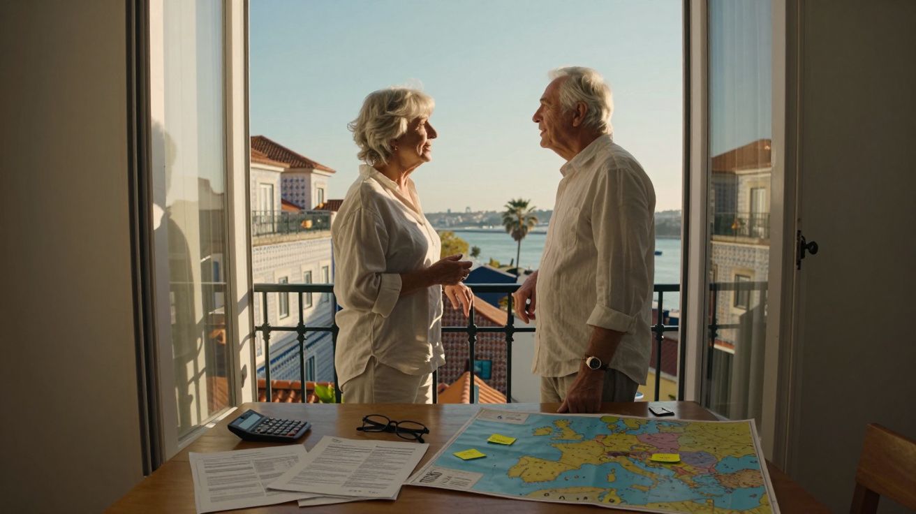 Casal sénior conversa junto a janela com vista para o mar, com documentos e mapa europeu numa mesa à frente.