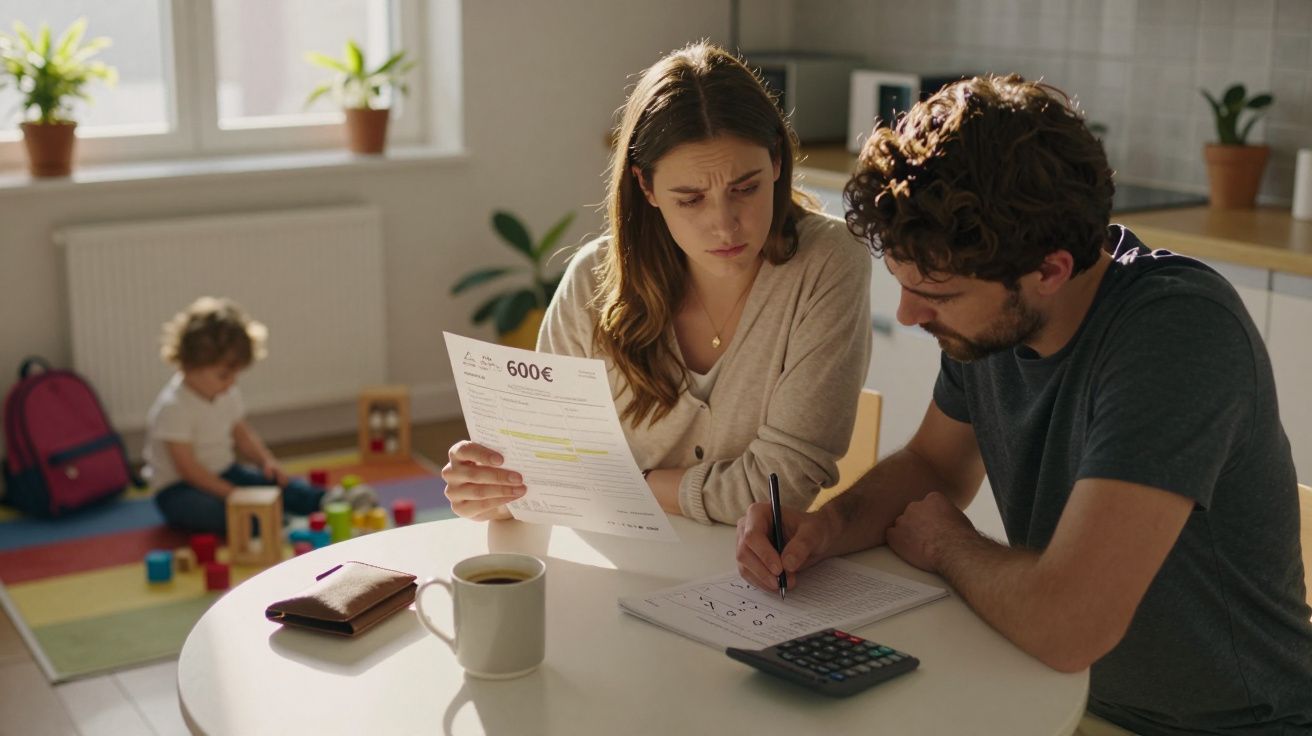 Casal preocupado calcula despesas na mesa enquanto criança brinca ao fundo numa sala iluminada.