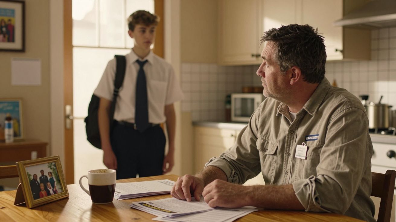 Homem sentado à mesa com documentos olha para rapaz de uniforme escolar na cozinha.