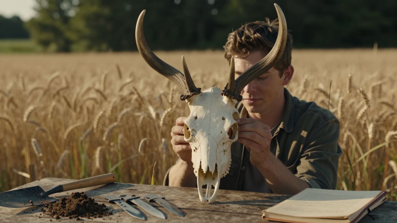 Homem segura crânio de animal com chifres numa mesa junto a espigas de trigo e ferramentas de campo.