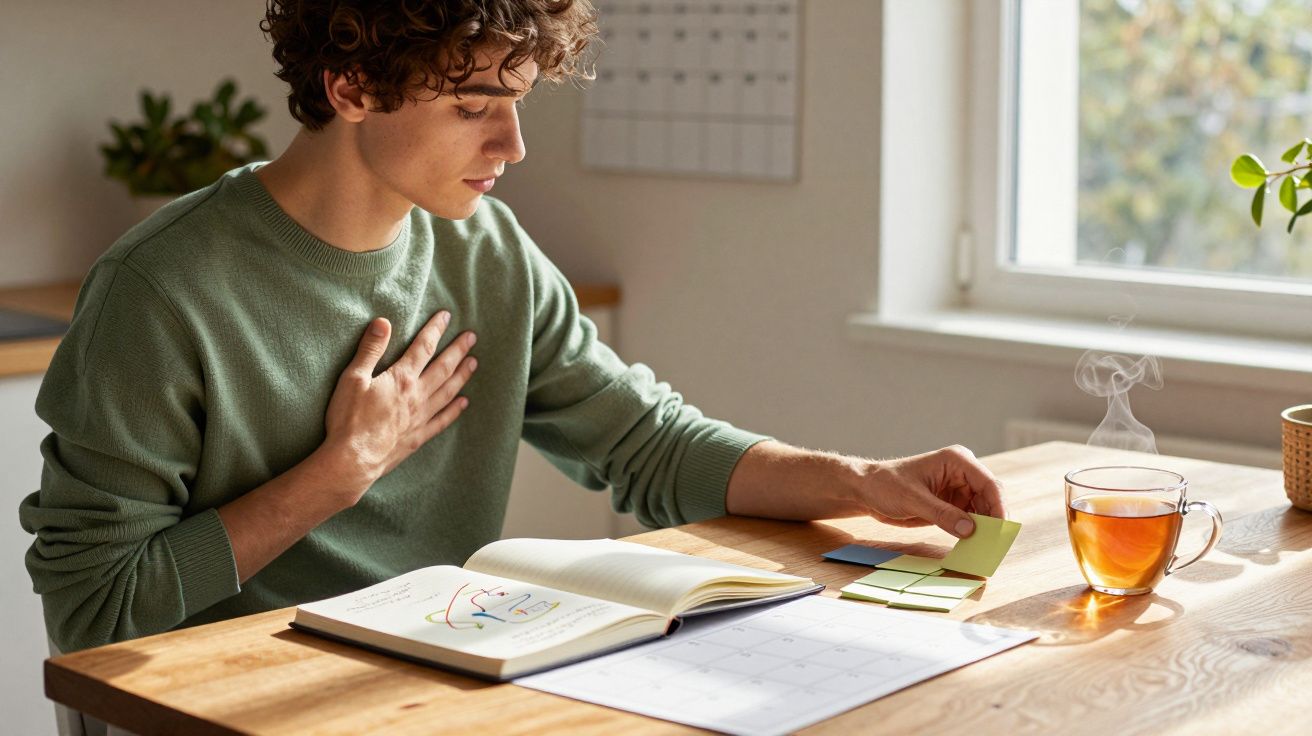 Jovem a estudar numa mesa com caderno, notas adesivas e chá quente junto à janela.