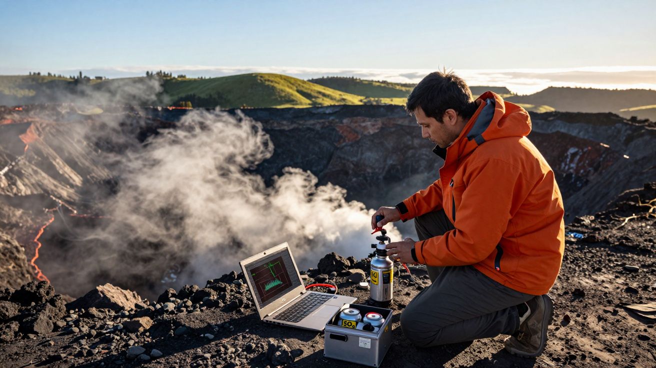 Homem com casaco laranja recolhe amostras junto a um vulcão ativo com equipamento e portátil.