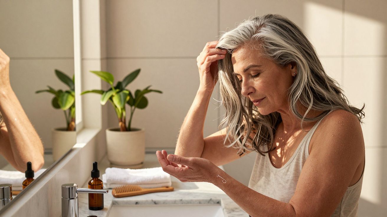 Mulher com cabelo grisalho aplica óleo capilar sentada junto a pia de casa de banho iluminada.