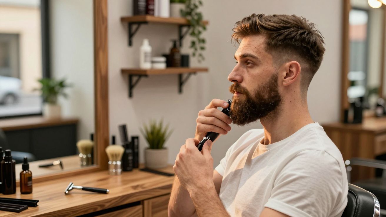 Homem com barba a usar aparador elétrico num salão de cabeleireiro, sentado em cadeira preta.