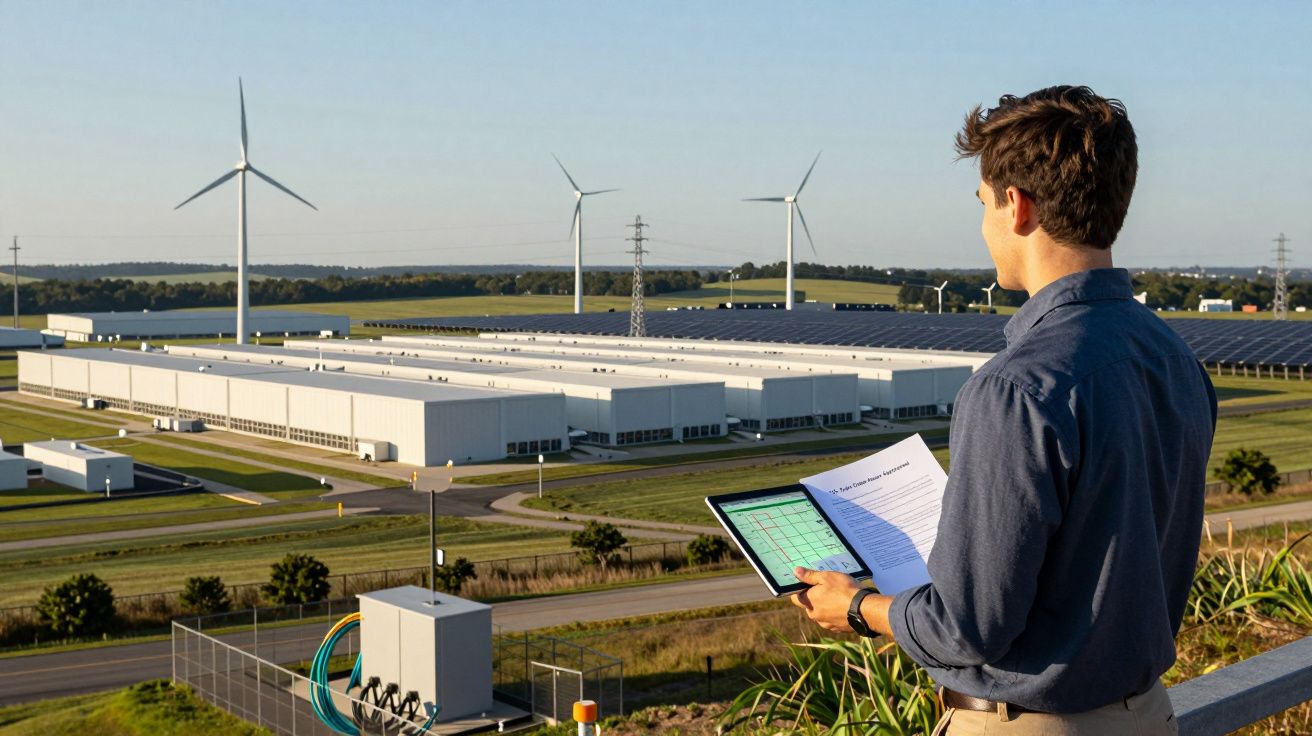 Homem observa painéis solares e turbinas eólicas numa paisagem industrial ao ar livre.