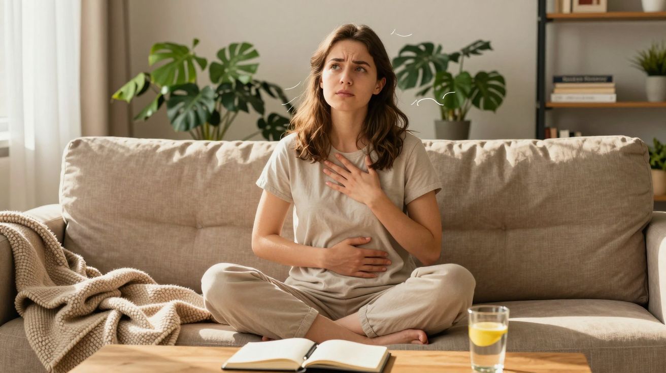 Mulher sentada no sofá com expressão de desconforto, segurando o peito e a barriga, perto de um copo de água.
