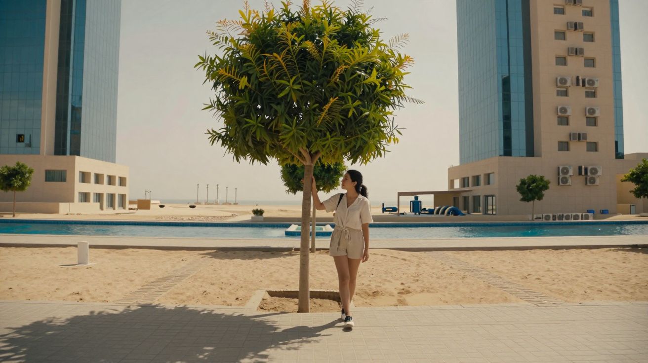 Mulher com roupa clara toca numa pequena árvore num espaço urbano com edifícios altos e piscina ao fundo.