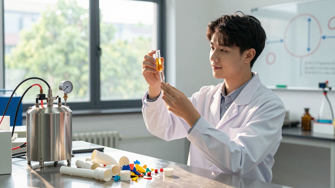 Homem com bata branca analisa líquido laranja em seringa num laboratório moderno e iluminado.