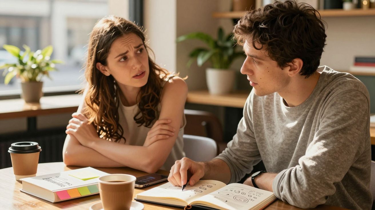 Dois jovens sentados à mesa a estudar e discutir, com livros e café à sua frente, num ambiente luminoso.