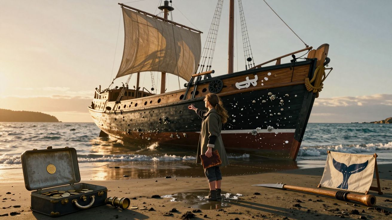 Menina com livro aponta para um grande navio antigo ancorado perto da praia ao pôr do sol, com baú e vela na areia.
