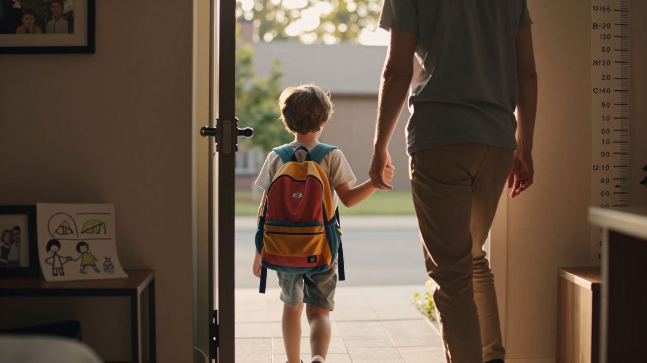 Criança com mochila colorida a segurar a mão de adulto ao sair de casa pela porta aberta.