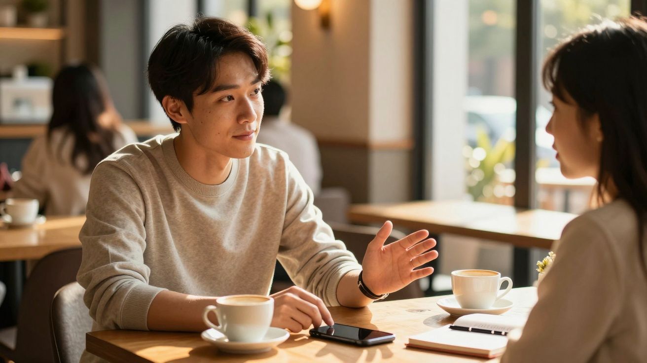 Casal jovem a conversar numa cafeteria, com chávenas de café e telemóvel na mesa iluminada pela luz natural.