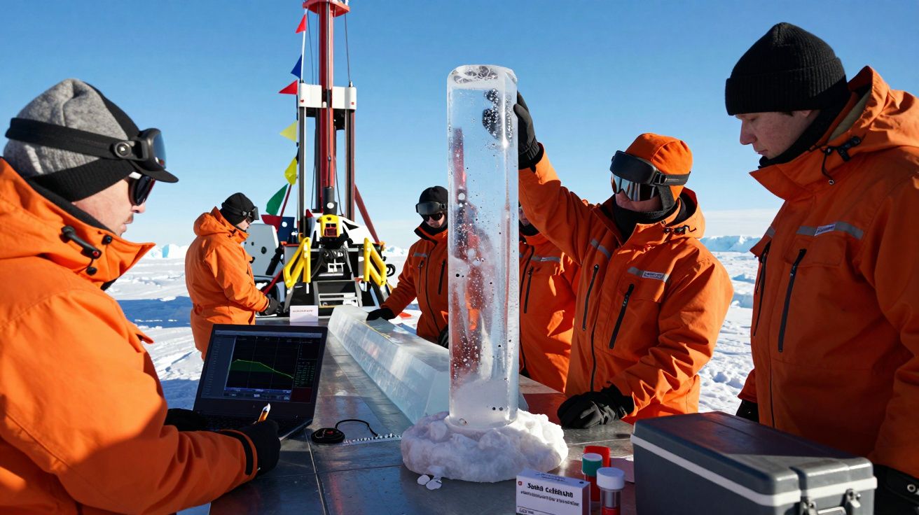 Cinco investigadores em roupas laranja analisam cilindro de gelo num ambiente nevado, com equipamento científico ao redor.