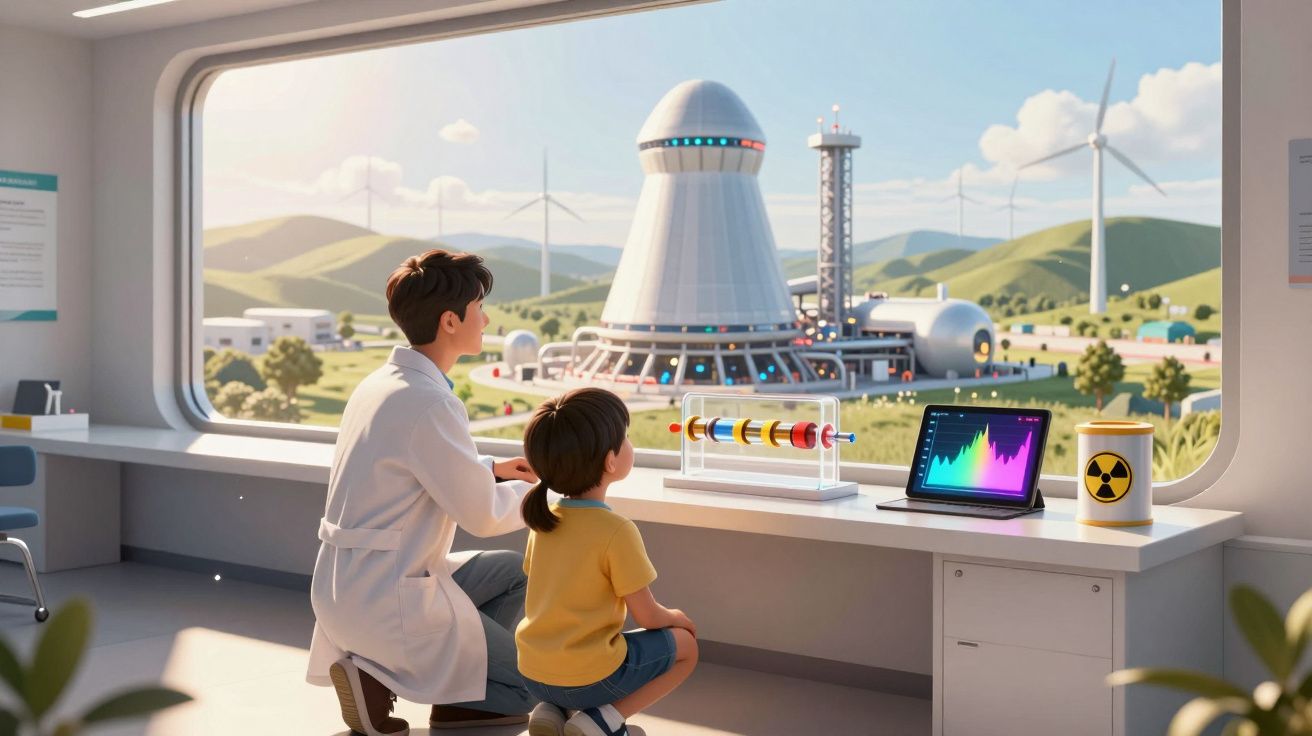Cientista e criança observam através da janela laboratório futurista com turbinas eólicas e torre de reator nuclear.