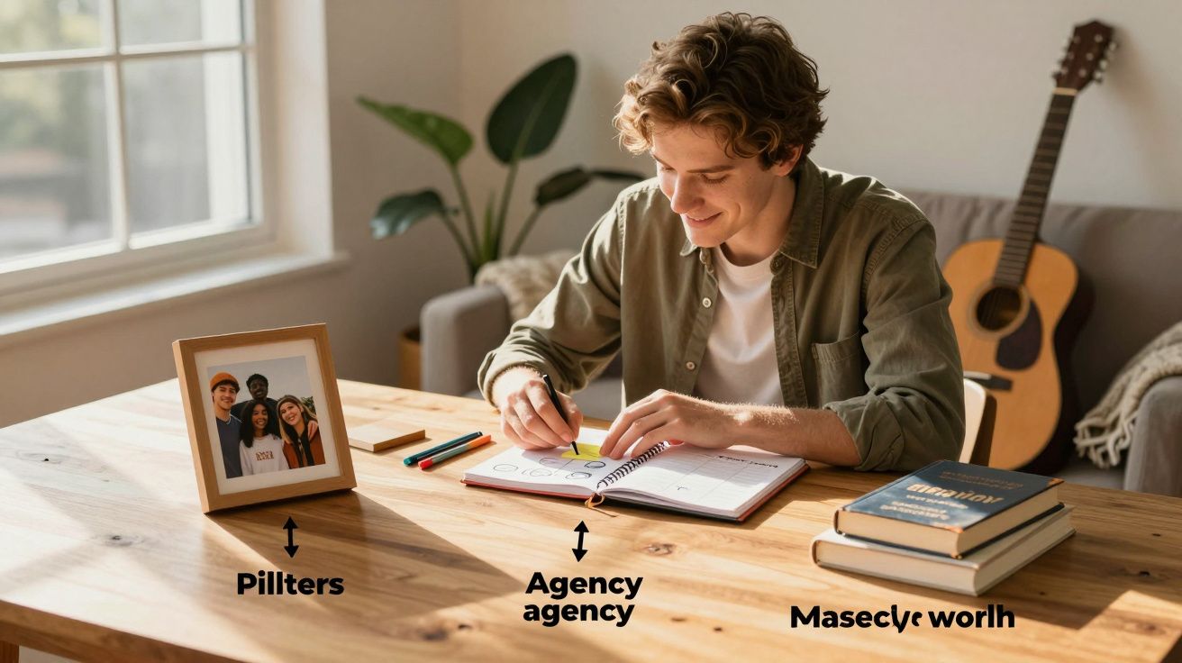 Jovem sentado a desenhar num caderno numa mesa de madeira com porta-retratos, livros e guitarra ao fundo.