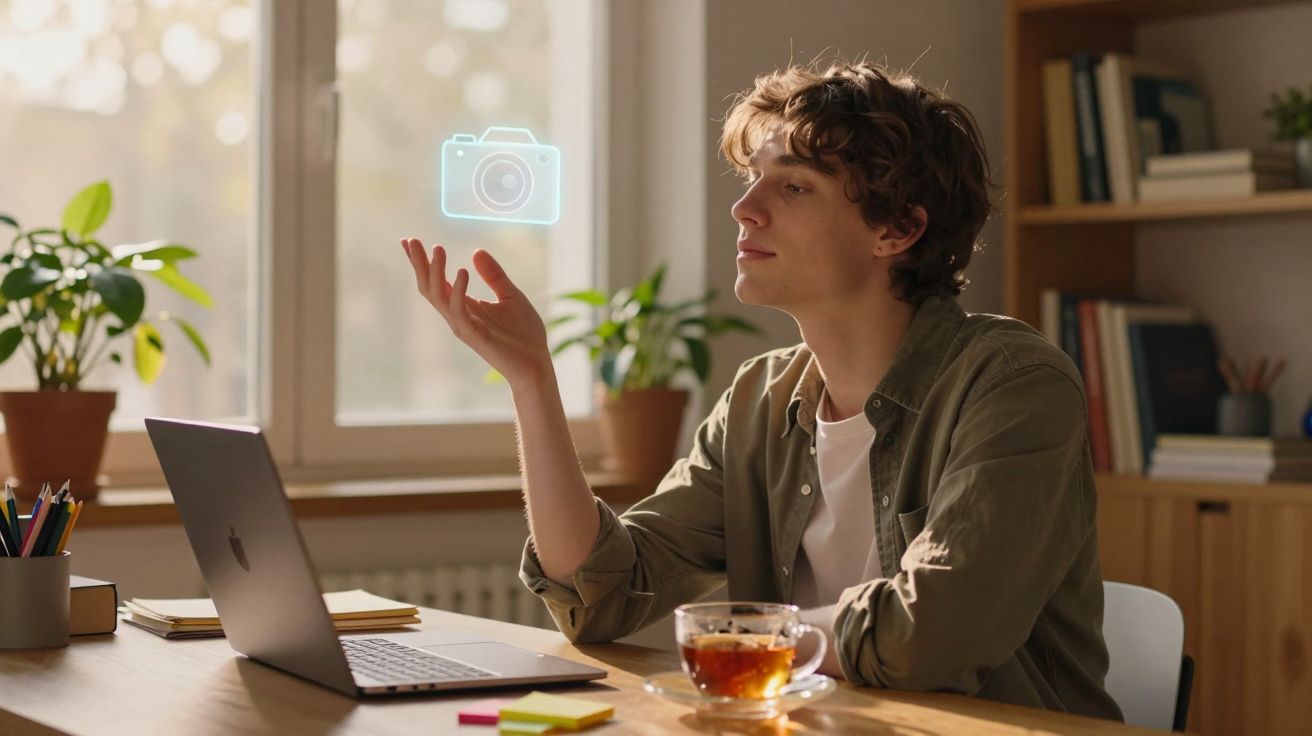 Jovem sentado a trabalhar num computador portátil com uma chávena de chá, visualizando um ícone digital de câmara.