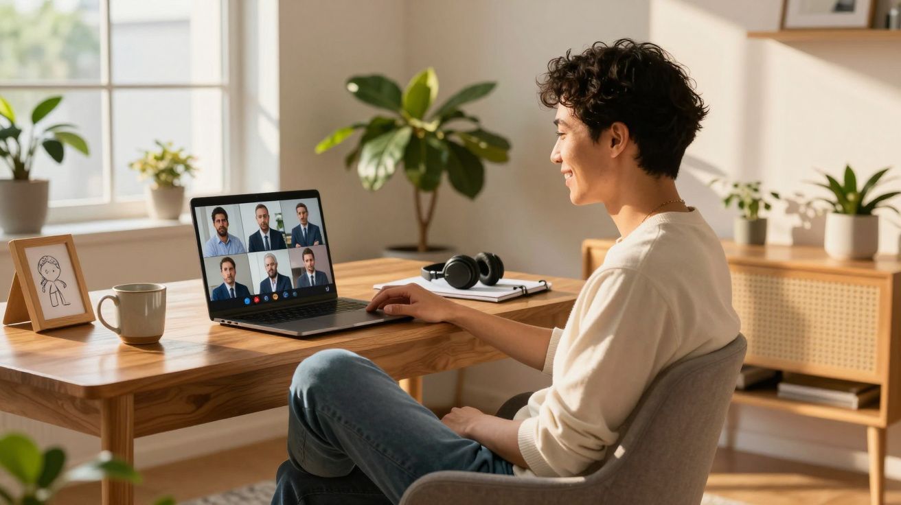 Pessoa sorridente a participar numa videoconferência com seis colegas num ambiente de escritório em casa iluminado.