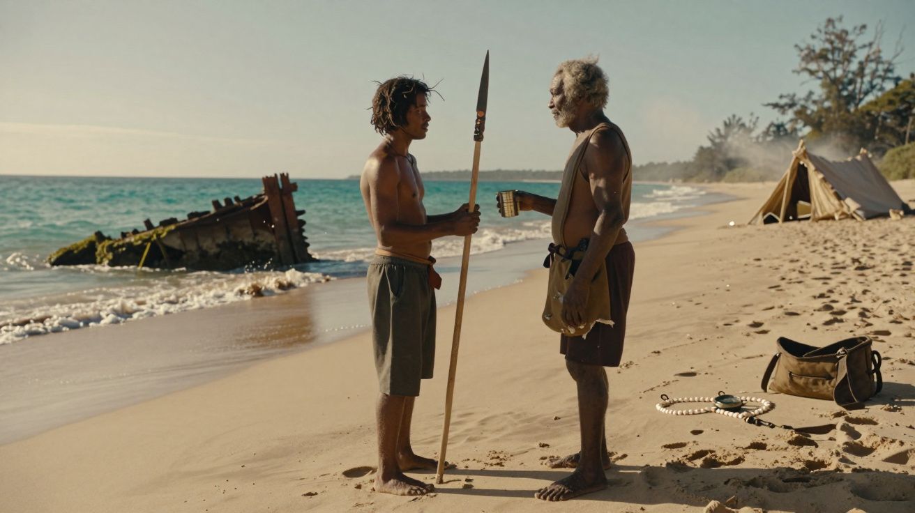 Dois homens descalços, um com lança, conversam numa praia com destroços de barco e tendas ao fundo.