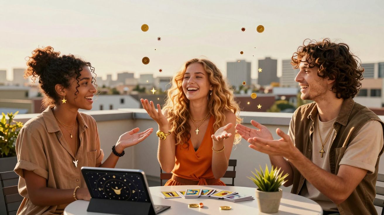 Três jovens a sorrir numa varanda ao pôr do sol, com cartas e objetos místicos numa mesa.