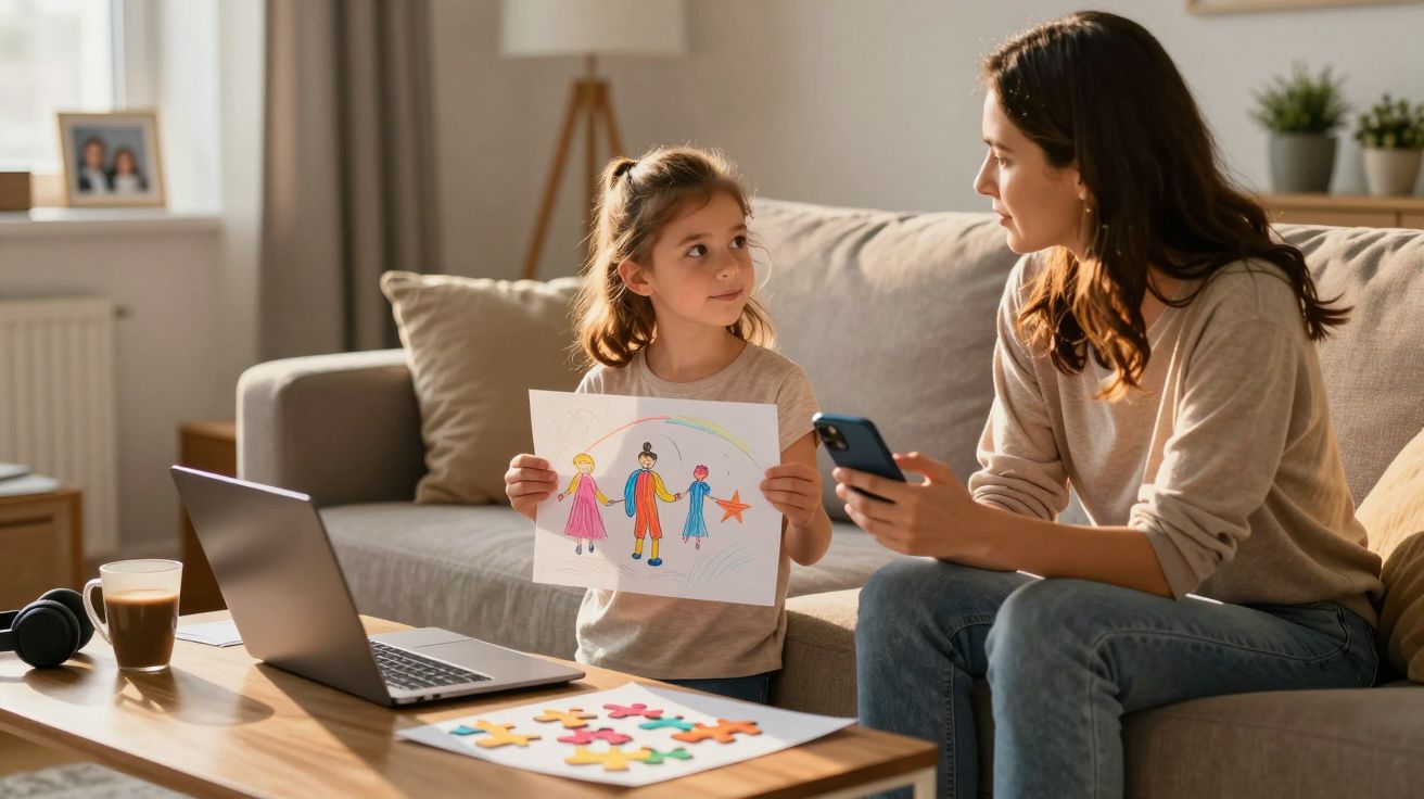 Menina mostra um desenho à mulher sentada no sofá, ao lado de computador e jogos de puzzle na mesa.