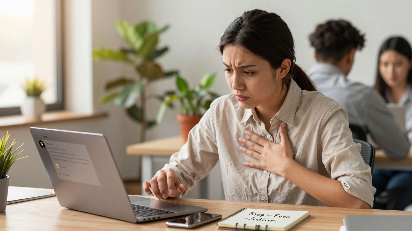 Mulher sentada no escritório sente dor no peito enquanto trabalha no computador portátil.