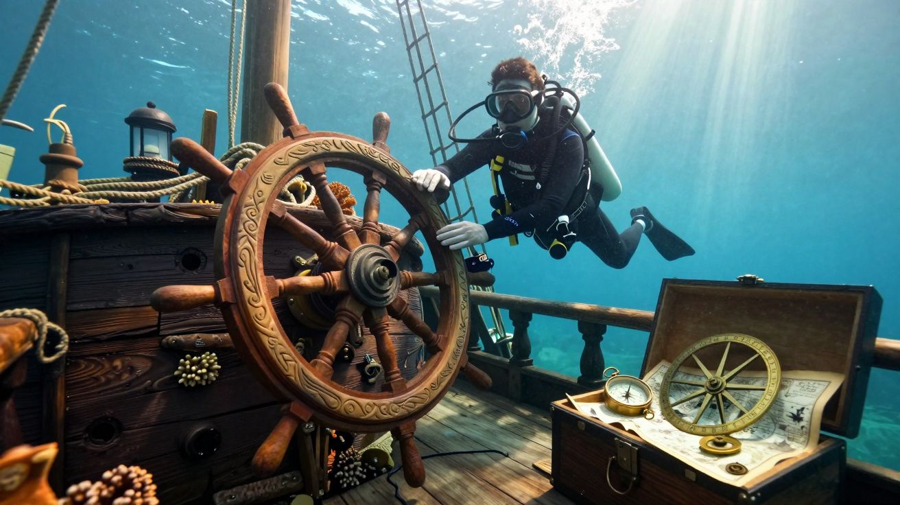 Mergulhador explora navio afundado, segurando leme enquanto instrumentos de navegação estão numa caixa aberta.