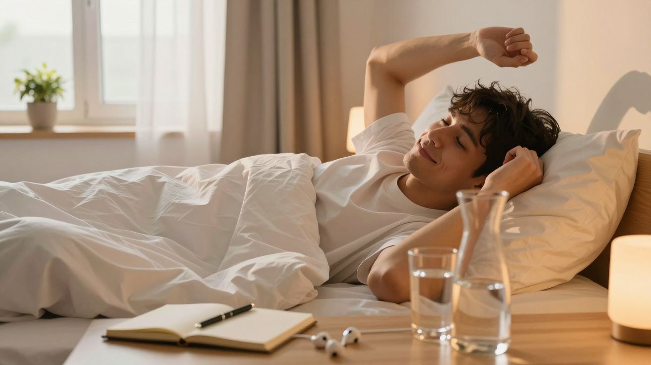 Jovem a despertar na cama, esticando os braços, com caderno, auriculares e jarra de água na mesa ao lado.
