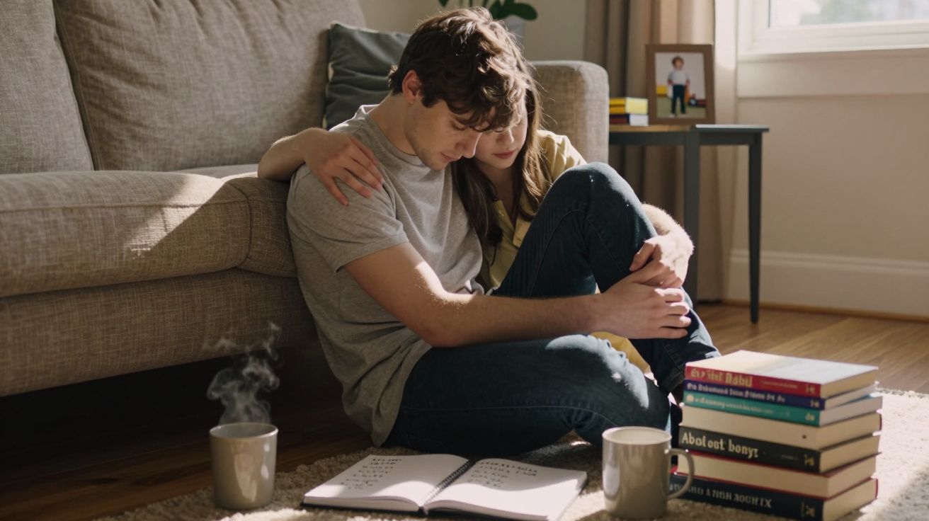 Casal jovem sentado no chão junto ao sofá com braços entrelaçados, rodeados por livros e chá quente.