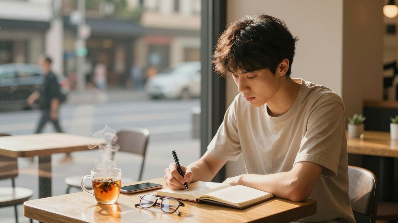 Jovem sentado numa mesa de café a escrever num caderno, com chá fumegante e óculos na mesa.