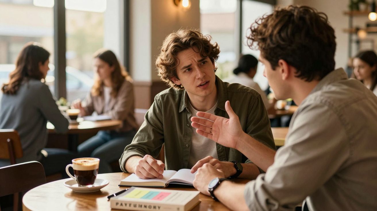 Dois jovens conversam num café, com um livro e caderno sobre a mesa e uma chávena de café.