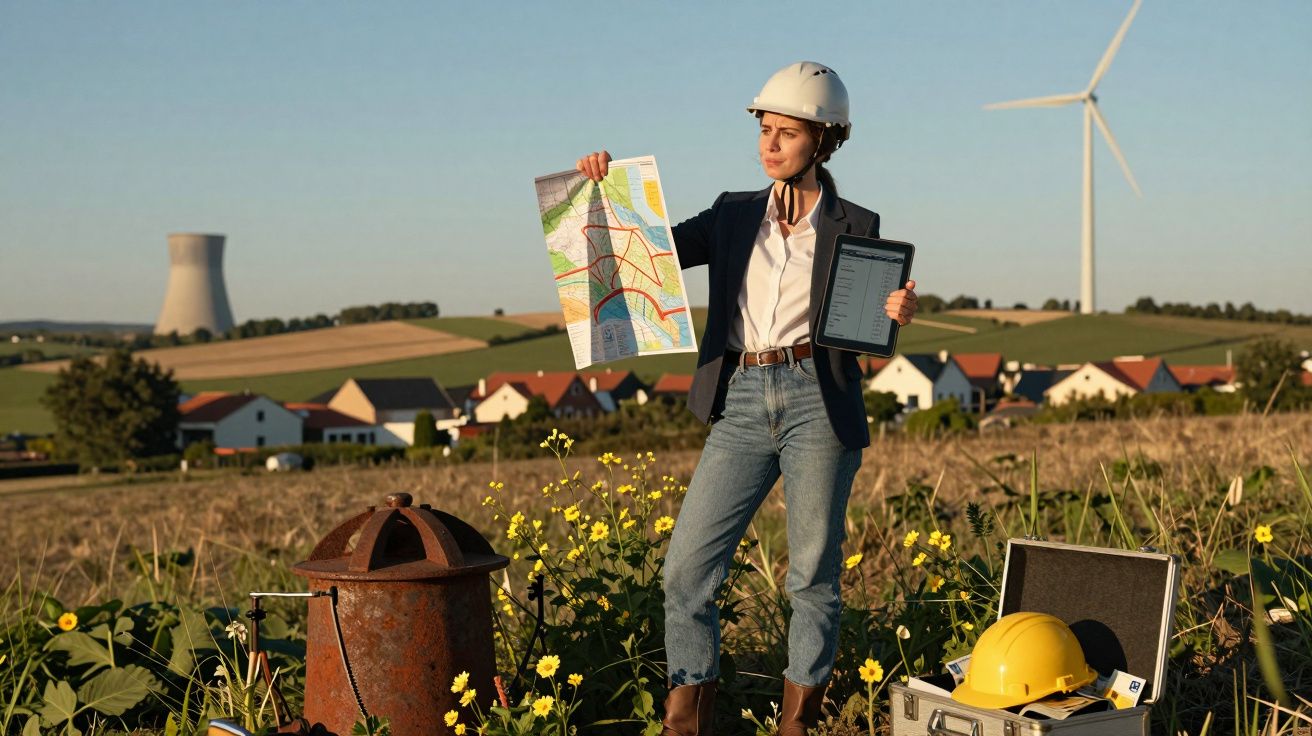 Engenheira ambiental com capacete segura mapa e tablet em campo com turbina eólica e central nuclear ao fundo.