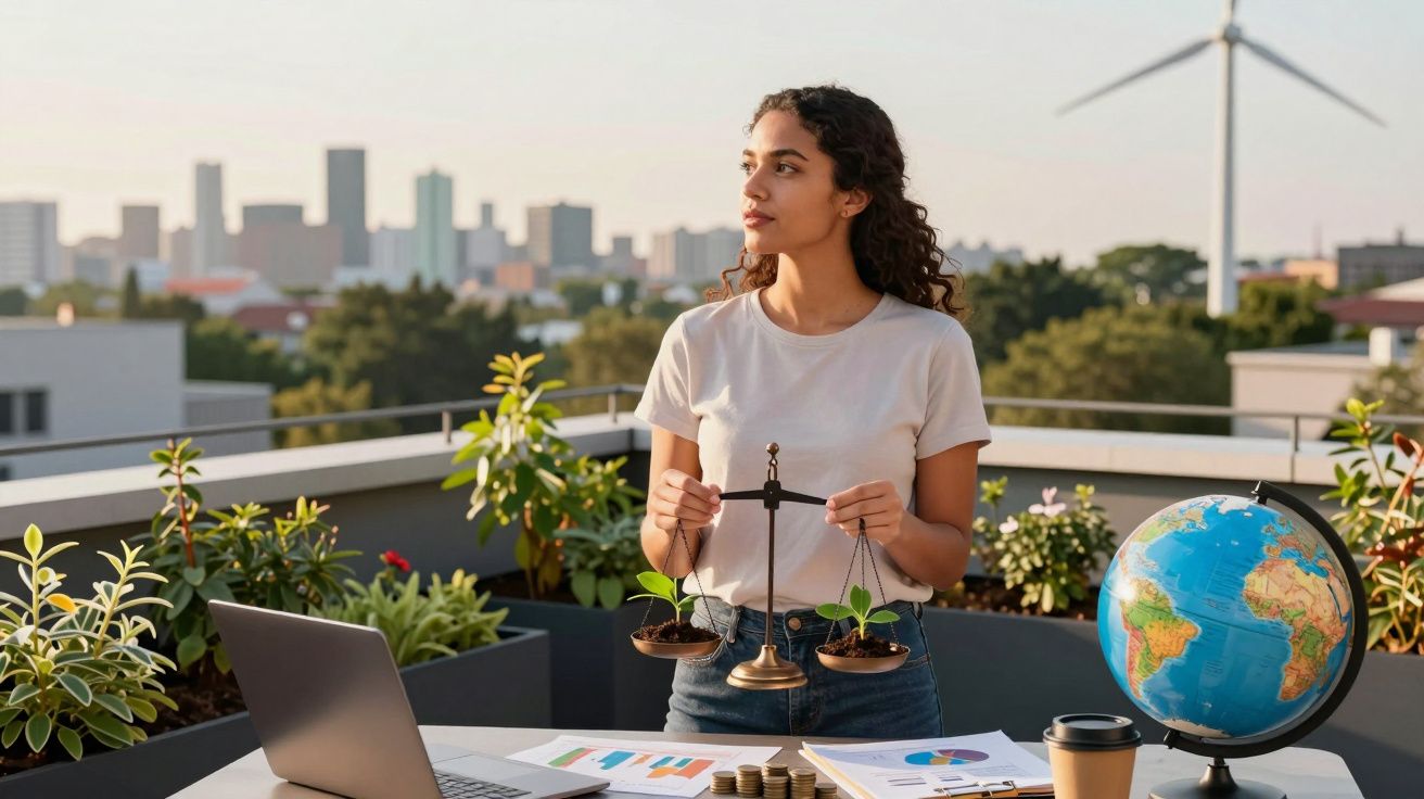 Jovem segura balança com plantas em jardim urbano, com globo terrestre, laptop e gráficos na mesa.