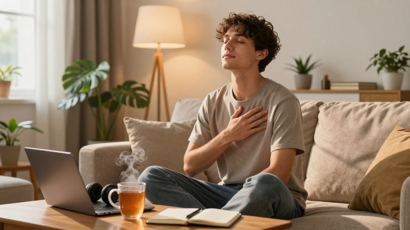 Jovem sentado no sofá com olhos fechados, mão no peito, respirando profundamente e relaxando.