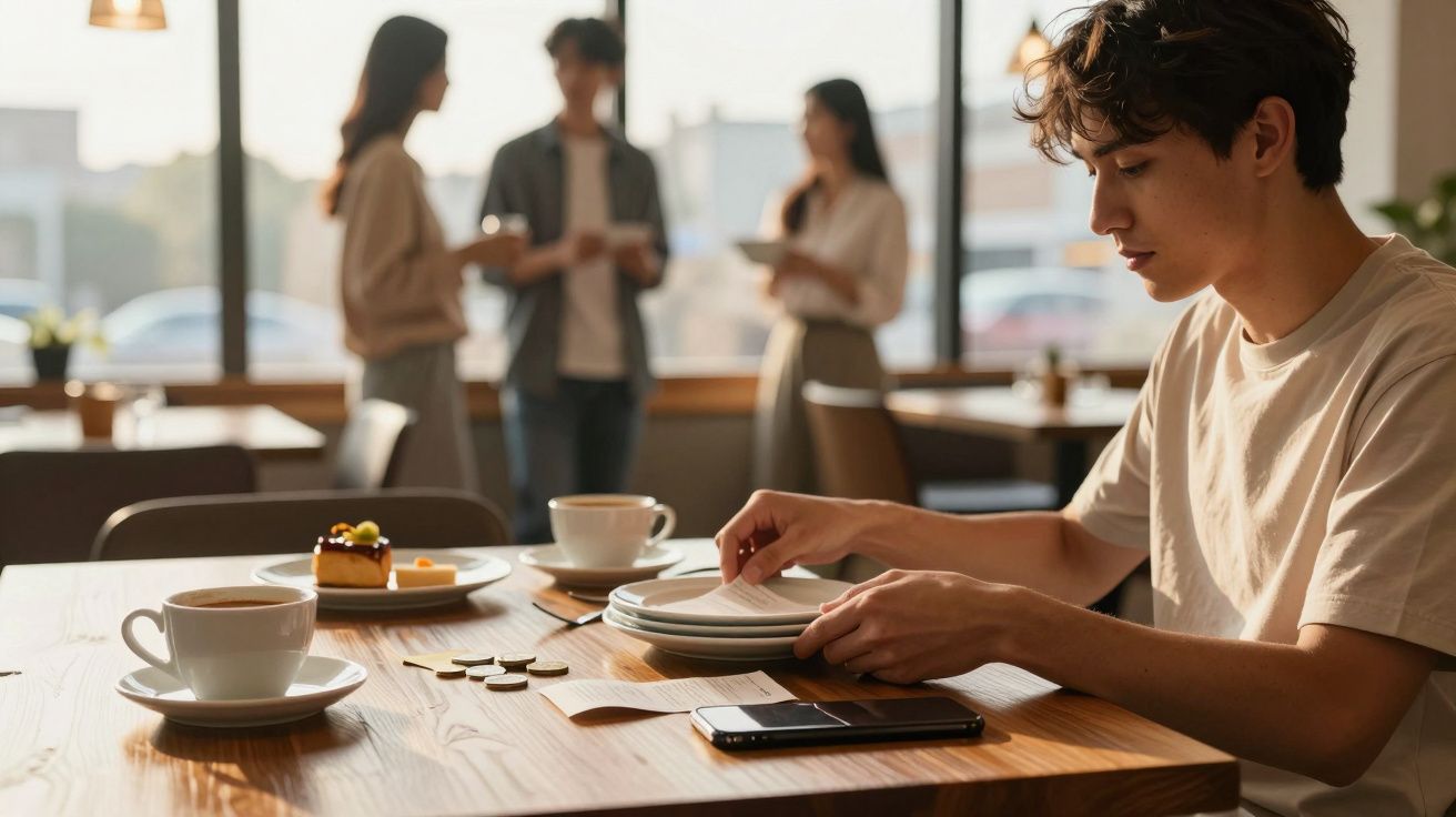 Jovem sentado numa mesa de café a organizar pratos, com chávenas, telemóvel e bolo à sua frente.