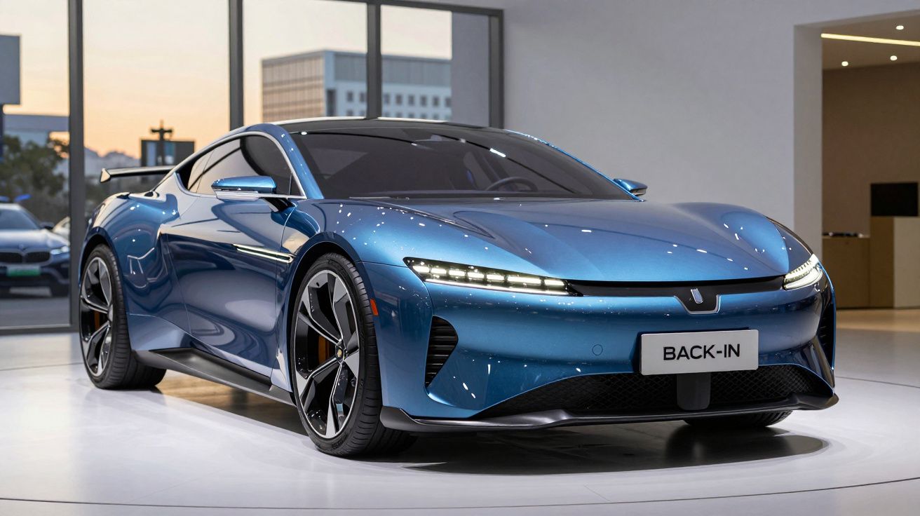 Carro desportivo elétrico azul com design aerodinâmico e faróis LED, exibido numa exposição moderna.