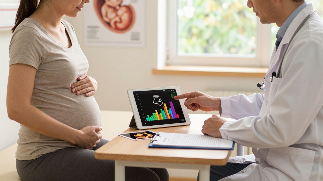 Mulher grávida consulta médico que mostra resultados de ecografia e gráficos numa tablet.