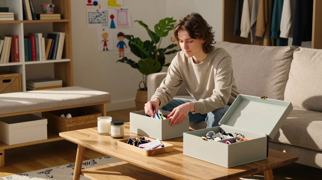 Pessoa sentada no sofá a organizar objetos em caixas sobre uma mesa de centro numa sala acolhedora.
