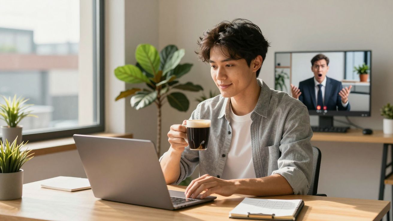 Homem a trabalhar no computador com café na mão e vídeo com colega zangado ao fundo.