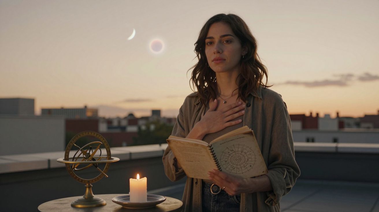 Mulher ao pôr do sol com mão no peito, segurando livro antigo, vela acesa e astrolábio numa mesa redonda.