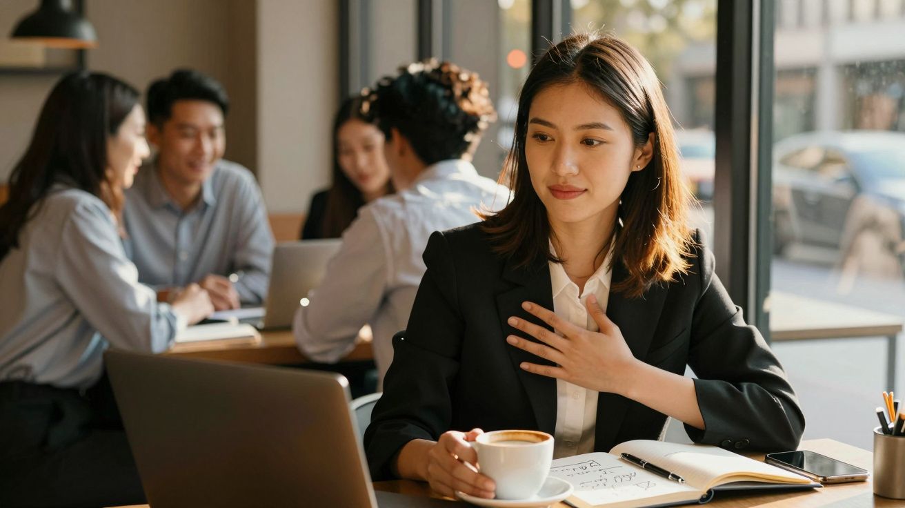 Mulher com chávena de café e caderno numa mesa, enquanto quatro pessoas conversam ao fundo numa sala iluminada.