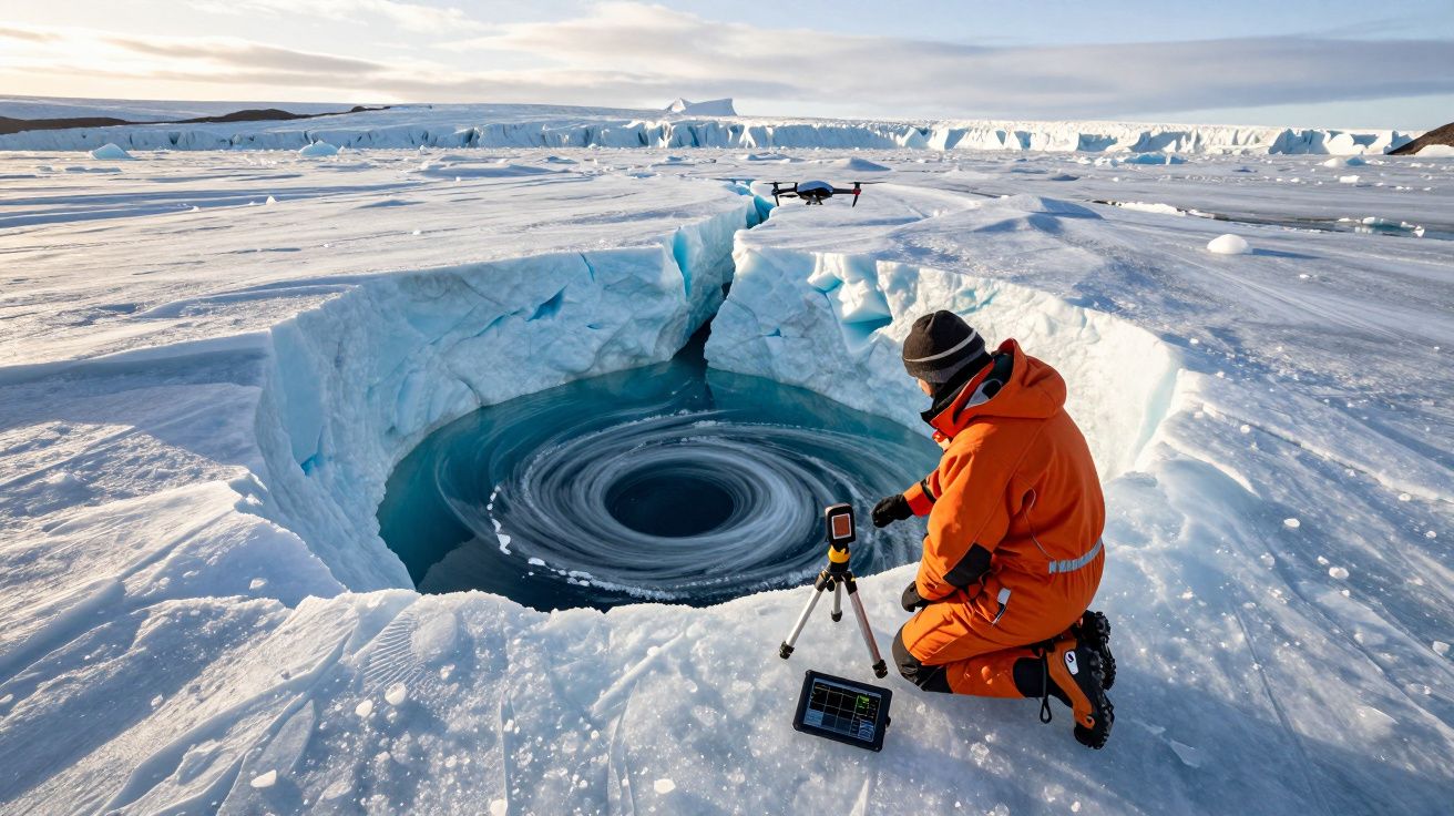 Cientista em fato laranja estuda remoinho glaciar numa fenda de gelo com equipamento tecnológico na Antártida.