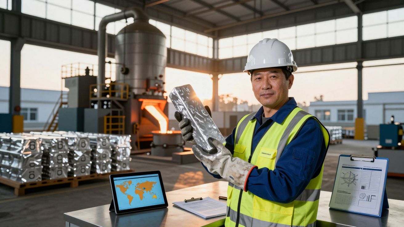 Trabalhador numa fábrica de metal segura lingote prateado com equipamento de proteção e painéis digitais.