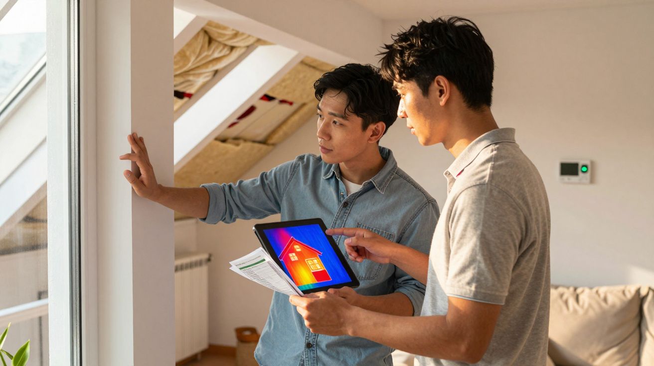Dois homens analisam isolamento térmico numa janela, usando um tablet com imagem de casa em cores térmicas.